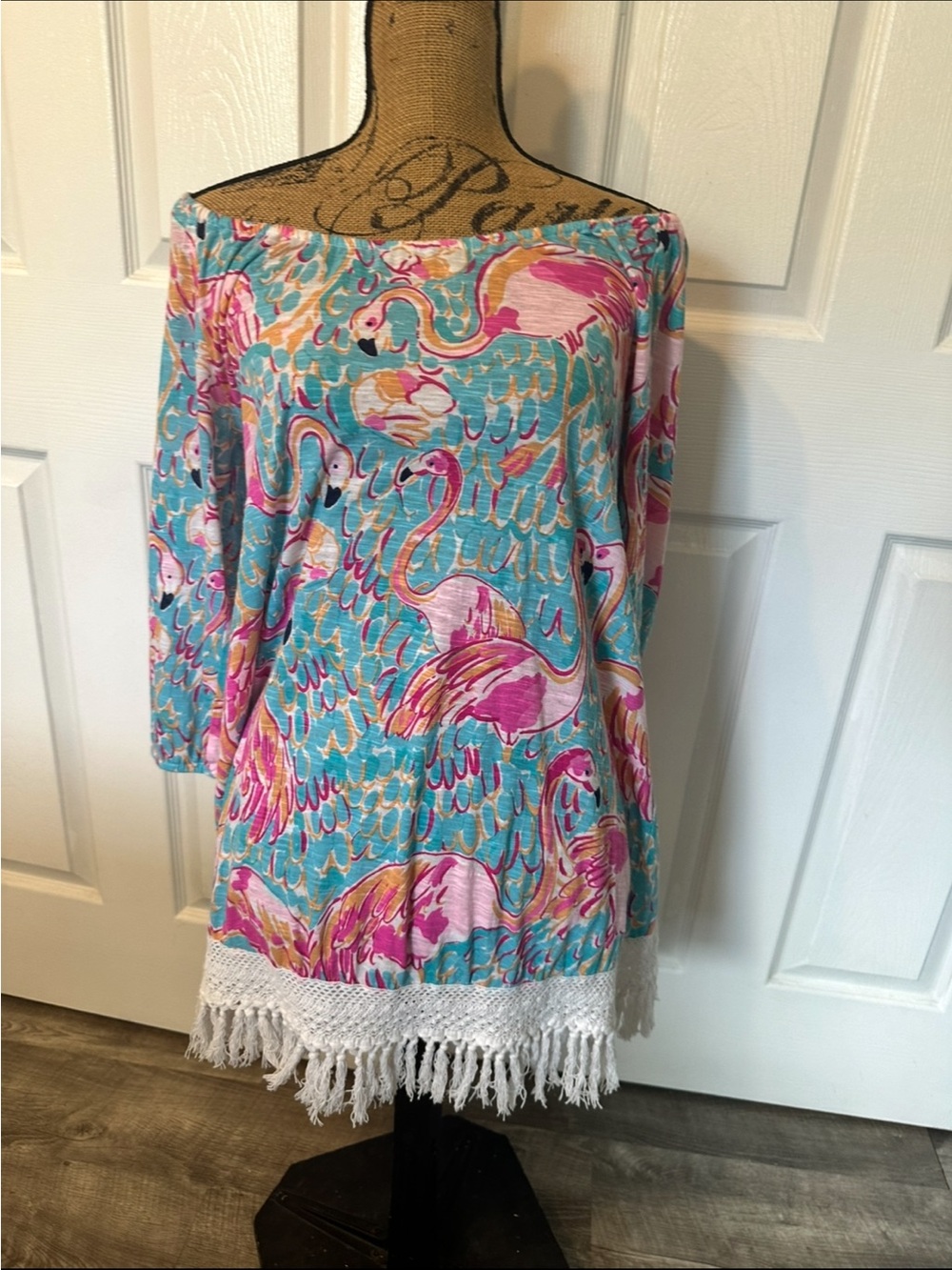 Lilly Pulitzer Turquoise & Pink Flamingo Off-Shoulder Fringe Dress